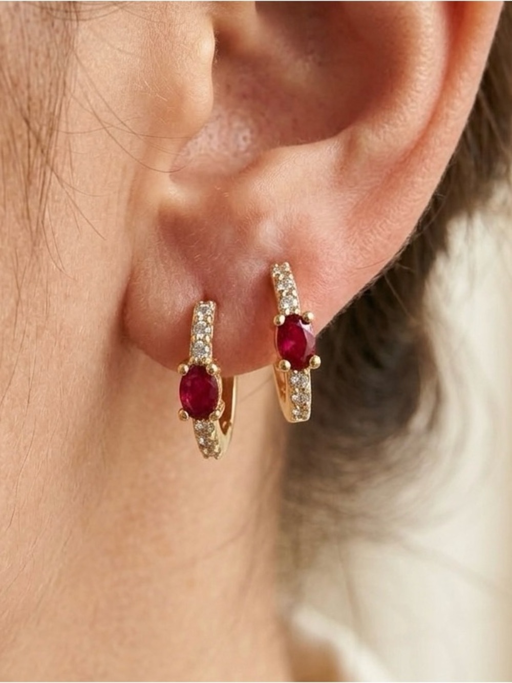 Gold Hoop Earrings with Red Gem and Clear Crystals